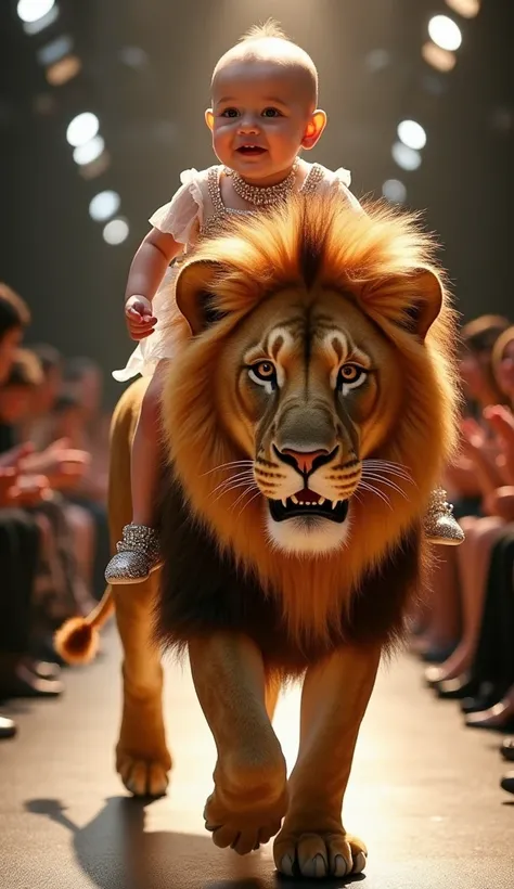 Create an ultra-realistic image of a cute and smiling baby riding an imposing lion. Both are wearing super fashionable and glamorous outfits adorned with sparkling diamonds. They confidently walk down a sophisticated runway, brilliantly lit, while a crowd ...