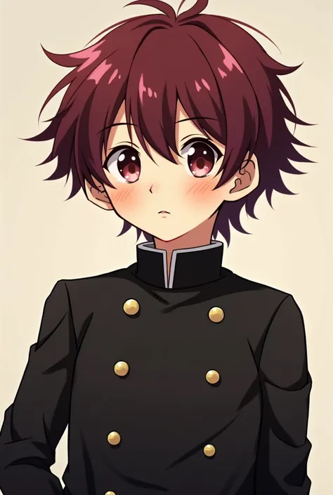 Tanjiro Kamado from demon slayer, a boy with burgundy hair and eyes, kind and gentle look, black uniform with buttons. Tanjiros stomach is slightly bloated. 