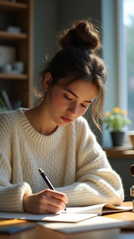 Sofia wearing a white sweater is writing a letter on her blurry desk. 