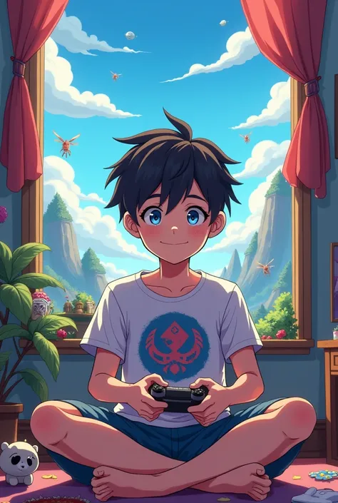 Create an anime boy playing ff with ff shirt