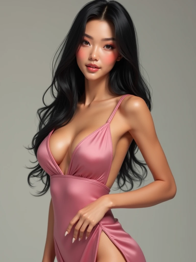 A hyper-realistic portrayal of Amy Wong, rendered as a lifelike human figure with exquisite detail. Her flawless, warm-toned skin reflects a natural glow, with subtle blushing adding to her charm. Her long, jet-black hair is meticulously styled, cascading ...