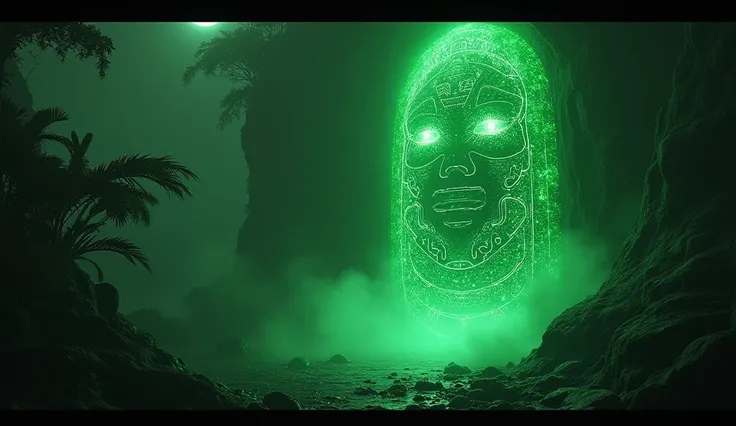 A mysterious idol emerges, covered in glowing, green runes against the black and white backdrop. Its texture is ancient yet glows fiercely, casting an otherworldly light that pierces through the misty jungle shadows. The scene captures an essence of bygone...