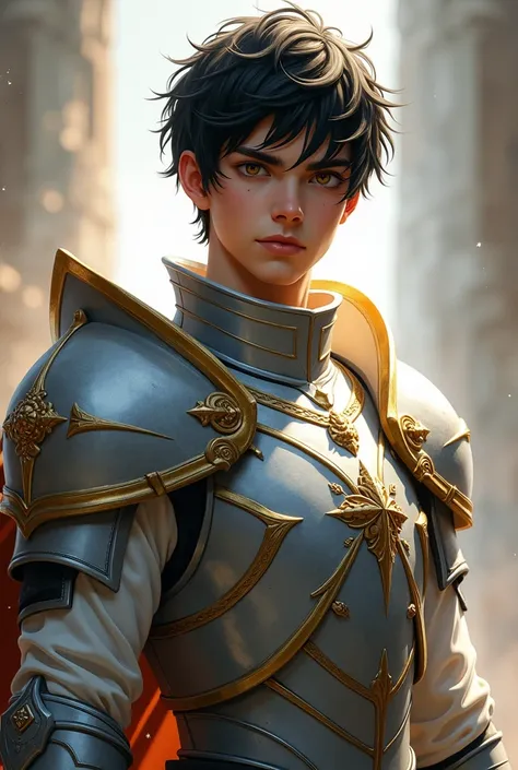 a youthful man with short black hair in armor with a sword, sharp cool expression looking at the camera, epic paladin armor, silver and gold heavy armor, paladin armor, fantasy paladin, paladin golden armor, heavy fantasy armor, heavy white and golden armo...