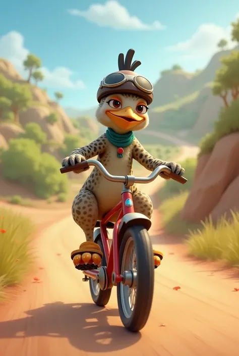 Animated guinea fowl riding a bicycle or a Jeep 