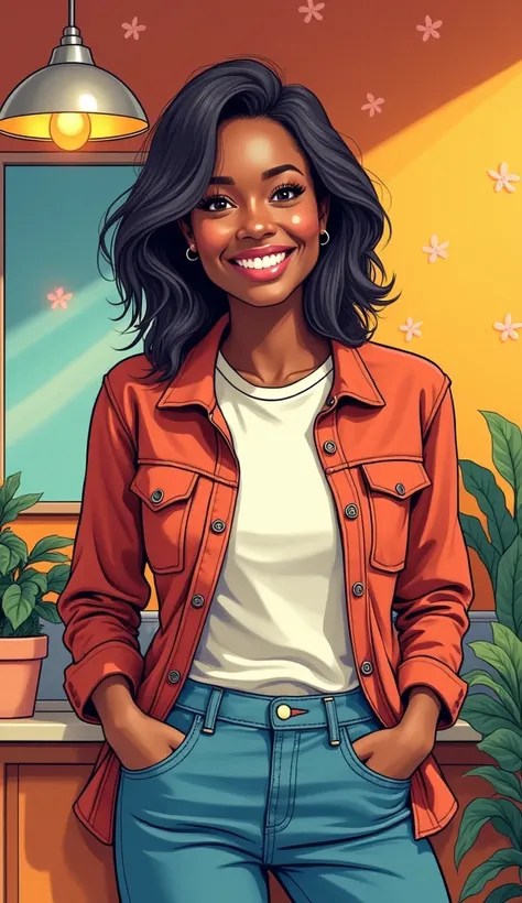 DISCREET image. with discreet casual clothes. image adult woman, american, comic book style. SHE IS HAPPY AND GRATEFUL, with a discreet smile. IMAGES WITH VIBRANT COLORS.
