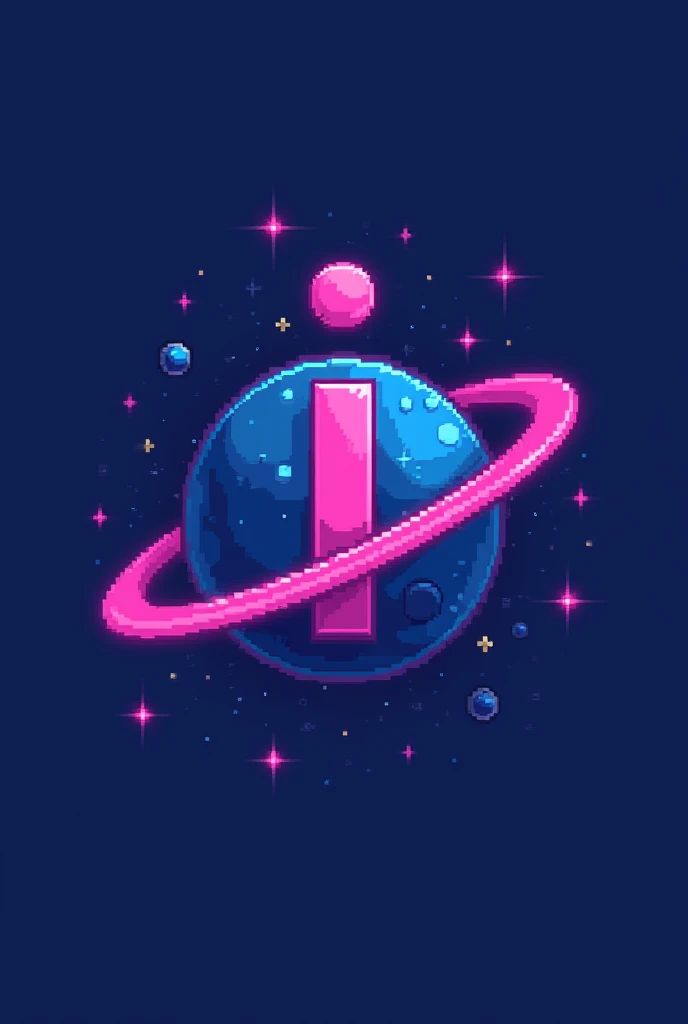  Create a logo with the letter i in the center with a circle as if it were a planet,  Colors to be used  : Indigo and pink  ,  is a geek and nerdy clothing brand  ,  use an 8-bit reference and place small pixelated stars around . cute concept, Use only pin...