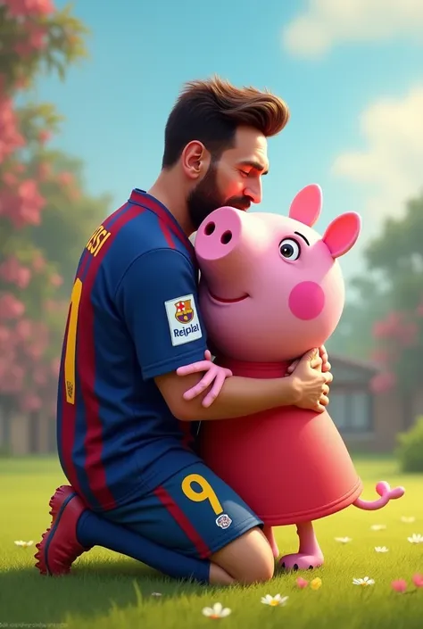 Messi hugging Pepa Pig