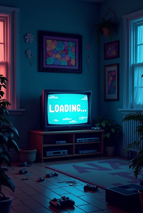 (photorealism:1.2), A gaming-inspired loading screen in pixel art style. The scene depicts a dimly lit room illuminated solely by the glow of a retro-style TV in the center. The TV displays a static screen with glitch effects and a Loading... message in bo...