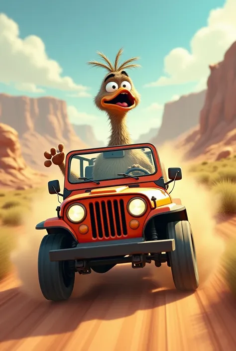 Animated scared guinea fowl driving a Jeep car 