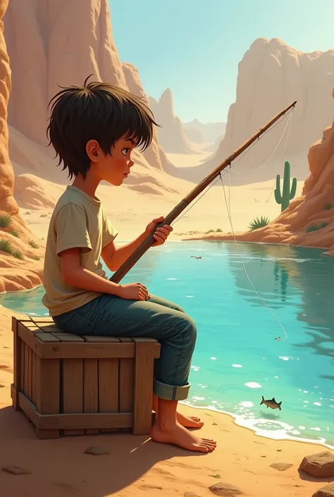 A boy fishing in the desert 