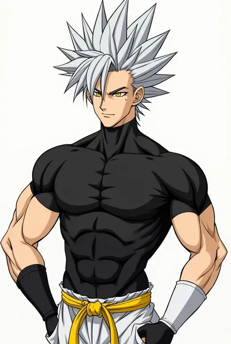 Garou has sharp features, yellow eyes, and silver hair that stands upward in two large spikes. He has a lean, muscular physique and wears a tight black shirt, white martial arts pants, and a yellow sash around his waist.