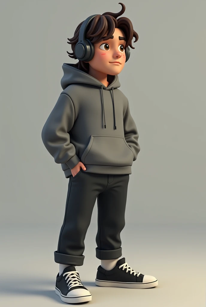 A guy with waivy long dark Brown hairy,Brown yes,a grey hoodie,black trousers,and black and White shoes,and black headphones