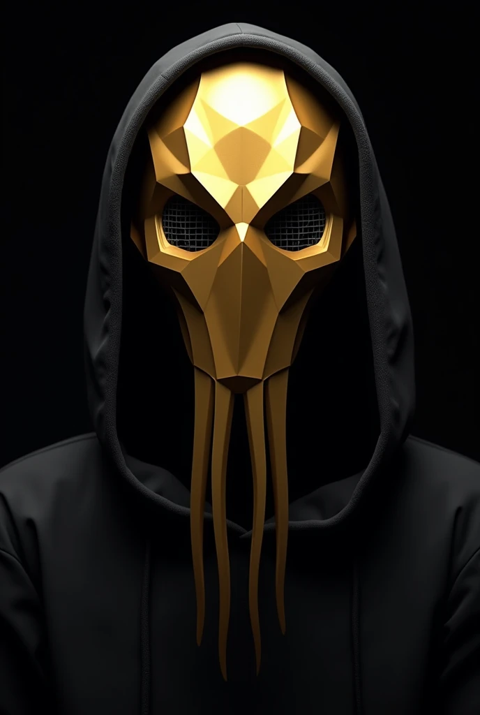 
 The image presents an enigmatic figure wearing a geometric mask with a design characteristic of the Round Six series (squid game),  but in a metallic gold tone that confers sophistication and grandeur .  The mask is composed of angled and faceted surface...