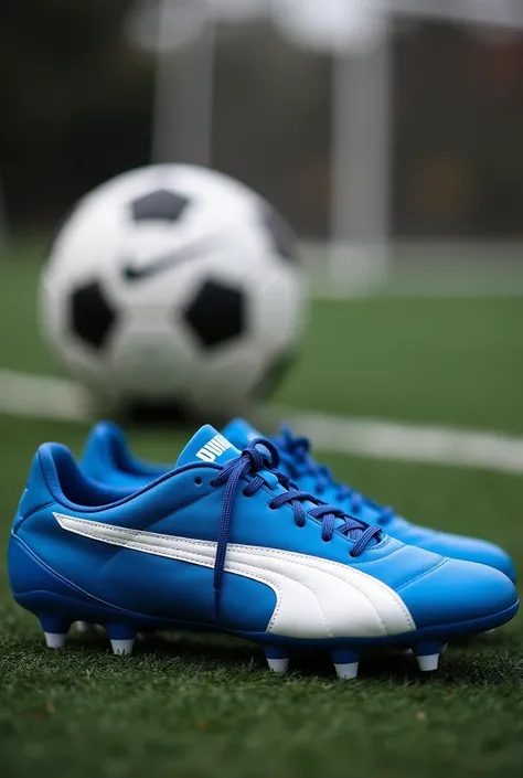  Remote visit Believe me .  A pair of blue and white soccer shoes and the Puma logo  ,  placed on a synthetic grass field .  The shoes are accompanied by a soccer ball in the background , also from Nike . selective focus,  highlighting the shoes ,  while t...