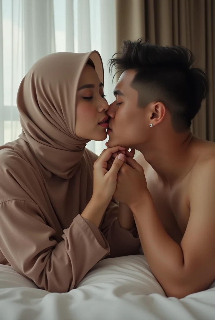 Two beautiful Korean women in hijab are having sex with seven unclothed Malay men kissing while holding the couples nipples and in a horny state on the bed in a hotel room. 