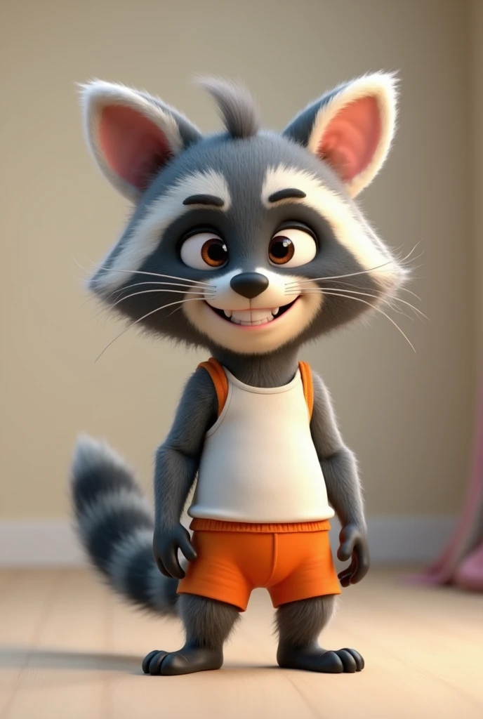 Young Furry raccoon boy wearing a white tank top and orange underwear