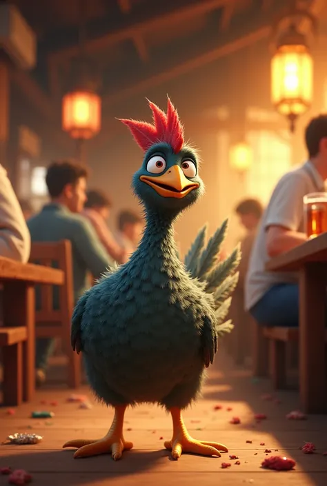 Animated drunk guinea fowl in a canteen 