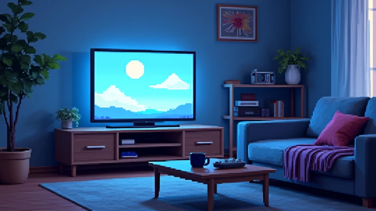 A pixel art representation of a living room illuminated by the soft glow of a TV, with a semi-lateral perspective. The entire scene is in pixel art style. The TV sits on a simple stand, casting vibrant light that bathes the room in shades of blue and white...