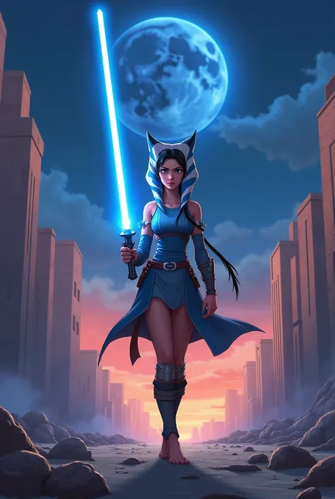 Ahsoka Tano, Women,  Short black hair , Blue Blade Sword , abandoned city , afternoon,  dark blue moon  , barefoot, anime