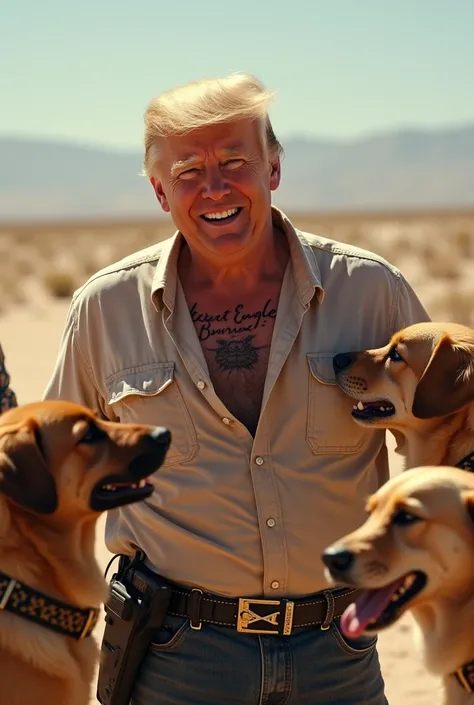 President Trump playing with dogs and laughing and having a good time with a desert eagle on his hip and a tattoo across his throat that says “Greeley “
