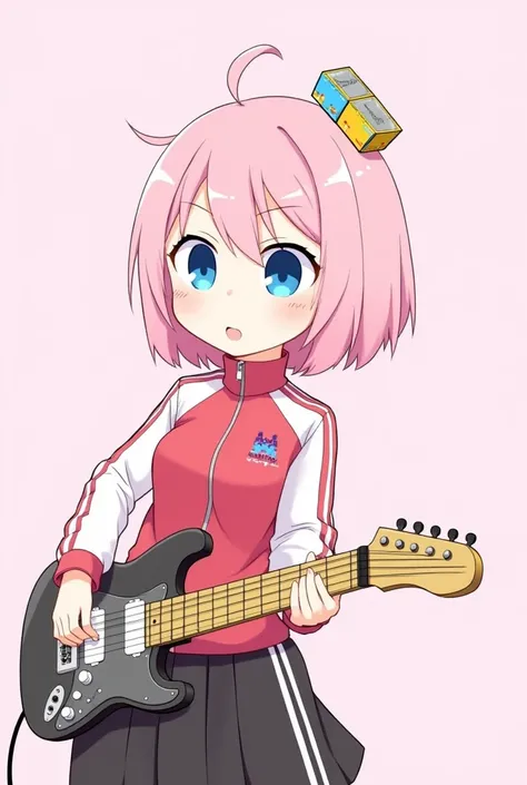 high quality, Anime, Bochi, Bochi the Rock, Pink hair, blue eyes, Pinos tracksuit with white stripes on the side of the sleeves. Black skirt, Side crest of the head with a tie in the shape of 2 yellow and blue boxes, Guitar, cute girl, background 