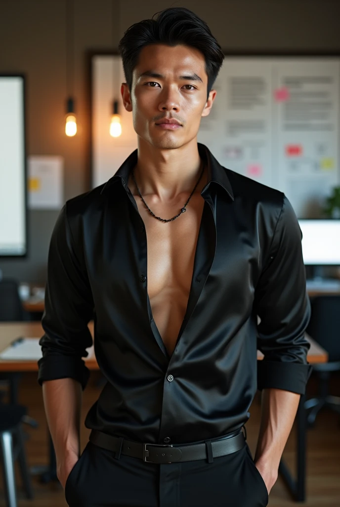 A tall, hot, handsome, muscular young man in his 20s, with a strikingly handsome seductive face and smooth white skin, stands elegantly in a creative office space filled with brainstorming boards, digital screens, and content strategy plans. His chiseled f...