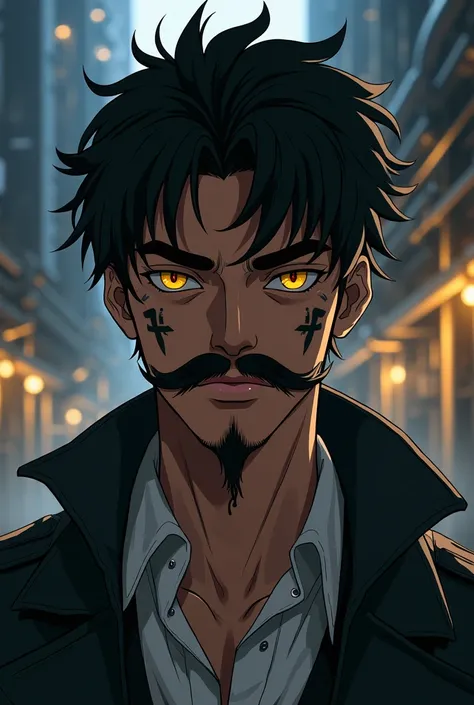  black hair,  yellow eyes, Arabian skin ,  young man,  cyberpunk factory , businessman, ganster, thick moustache , African, Anime style, ritual marks on the skin,  deep look , portrait, Cyberpunk 