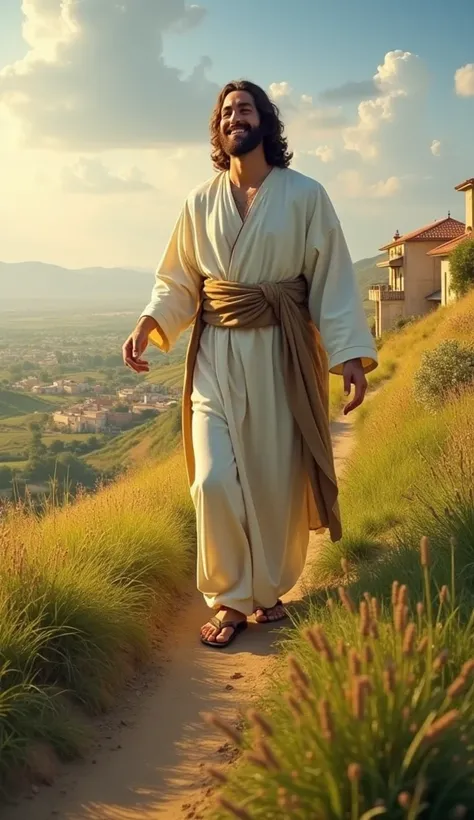  Jesus smiling on a hill in Nazareth : "Imagine Jesus, with a warm smile, on a verdant hill in Nazareth ,  with a view of the traditional houses and fields in the background .  He is surrounded by happy people and ren playing around."

