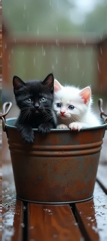 "A rusty metal bucket sits on the wet porch in the rain, holding two tiny, drenched kittens: one black and one white. The kittens look cold, scared, and adorable, with big, pleading eyes. Rainwater drips from the buckets edges onto the wooden porch."