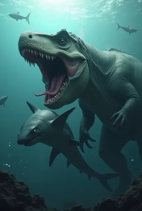 Dinosaur eating sharks underwater 