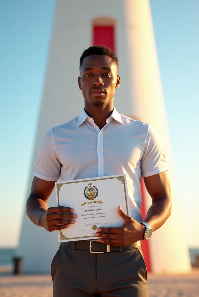 Light-skinned black male man with dark brown eyes in front of the lighthouse in Barra do Salvador Bahia holding a school leaving certificate