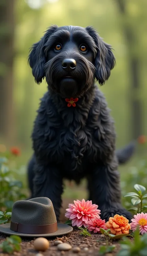 A Black Russian Terrier brought something curious: a hat, a flower, a scarf.