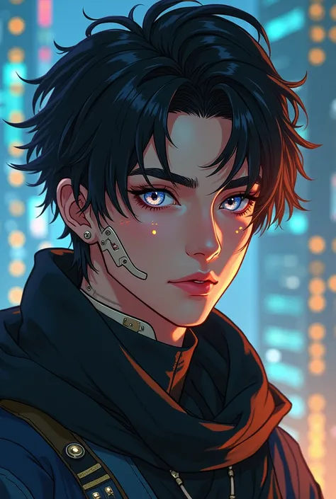 portrait, masterpiece, Arabian skin ,  young man with black hair, Make Cyberpunk ,  upgrades Cyberpunk , Anime style, ritual marks on the skin,  Cyberpunk implants ,  deep look 