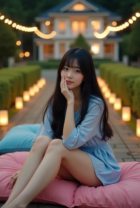  In a large garden with a path with lights and candles with a house in the distance of South Korea in the middle of the night with garlands and lanterns sitting a suzy Korean woman of 21 years,  very long black hair with bangs ,  black eyes, shiny fair ski...