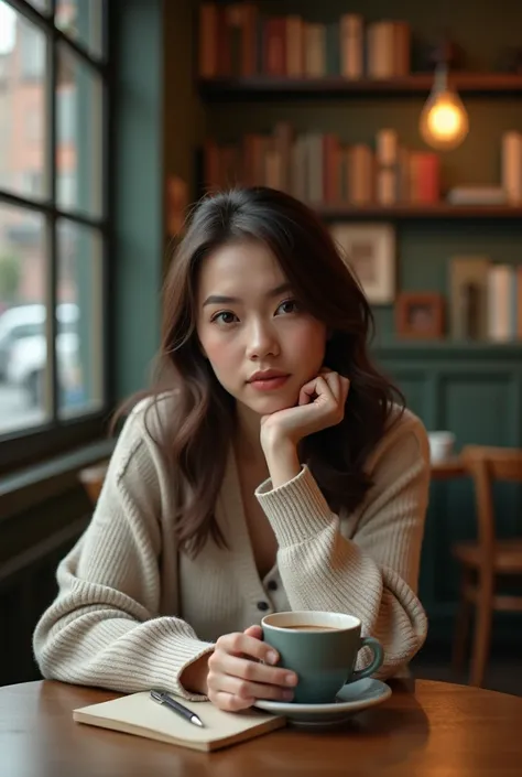 An adult girl who is thinking at coffee shop