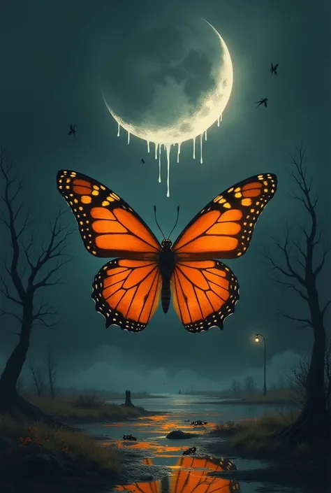 Create a drawing where there is a black crescent melting in the sky and a giant orange butterfly on top of a puddle with other small insects that looks a little gloomy like hoollowin 