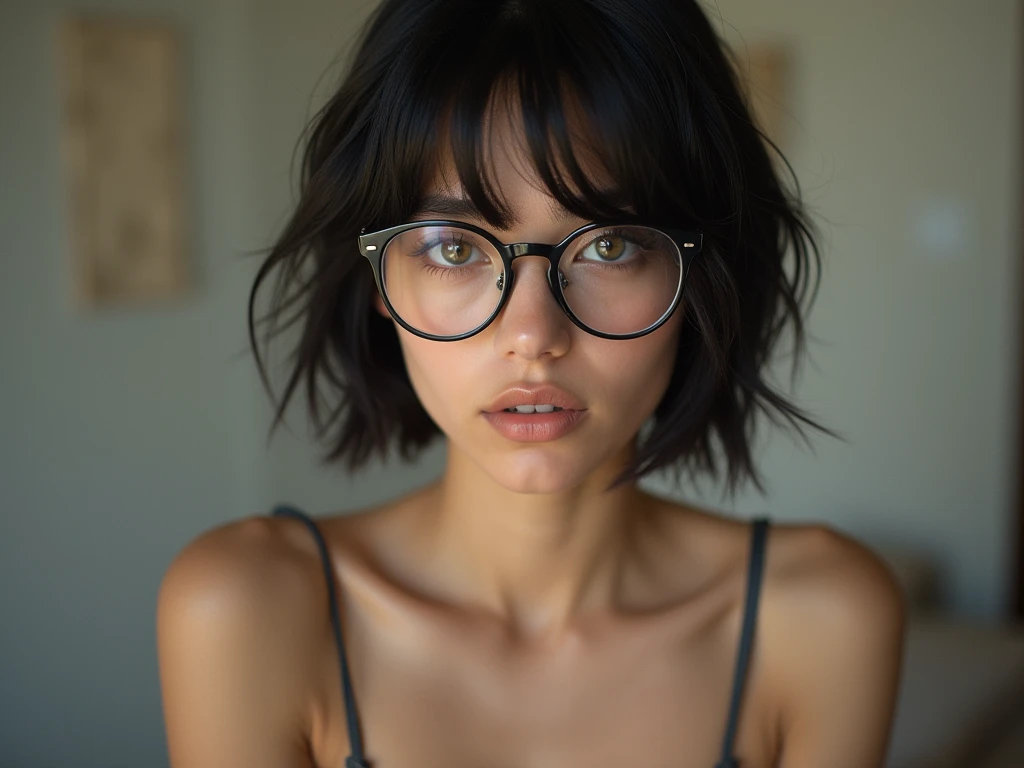 18 years old teen pretty teen girl, very young looking, skinny, supermodel, with round glasses and short dark black hair, nude, ultra realistic, european, shy but seductive and horny, show boobs, lift her  completely transparent dress and no underwear