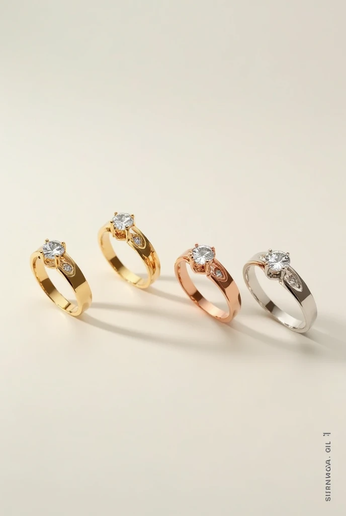  Believe me with a light background 4 models of identical engagement rings in a solitaire model with a diamond each ring the difference will be the color one will be yellow gold the other in rose gold,the third one in white gold ,  and the fourth in orange...