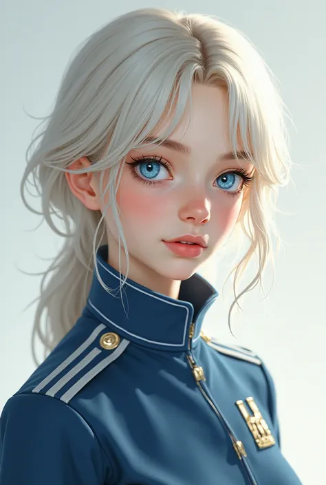 Pale blond haired girl ,  with blue eyes ,  with pale skin is wearing the UA uniform 