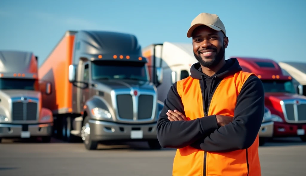 Create an image of a confident african man  truck driver standing in front of a fleet of modern diffferent color semi-trucks with in distance  parked in a truck yard under a clear blue sky. The driver is smiling warmly, wearing a bright orange safety vest ...