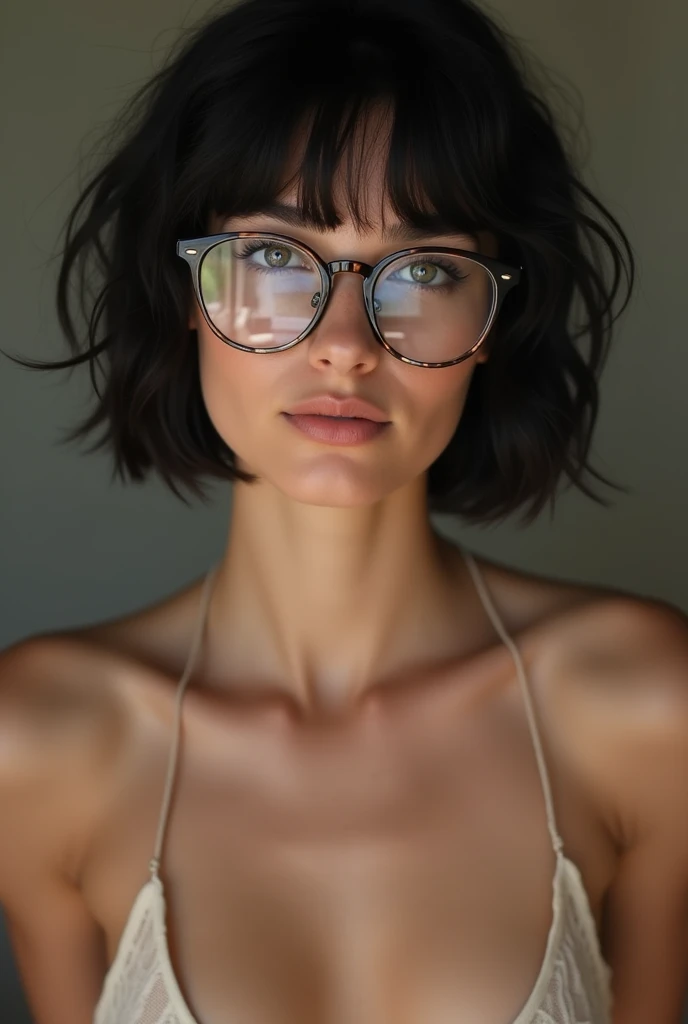 18 years old teen pretty teen girl, very young looking, skinny, supermodel, with round glasses and short dark black hair, nude, ultra realistic, european, shy but seductive and horny, show boobs,  completely nude, no underwear