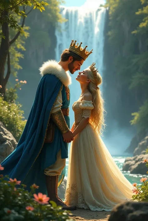  Create an image I want flowers around, Back a waterfall and a tall boy , pelinegro,  blue eyes,  dressed as a king with a crown and a short girl , blonde ,  green eyes and dressed as a princess kissing 