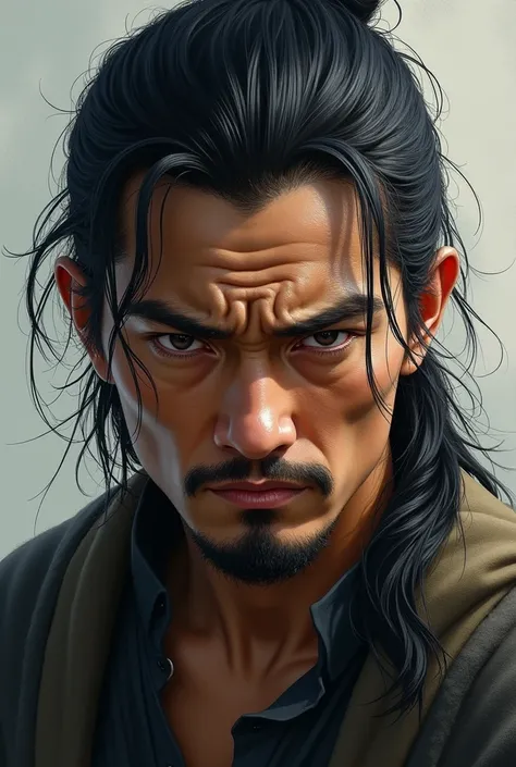 I want art of an asian boy with a set jaw and a little bit of facial hair. Hes in his thirtys. And has long black hair tied and thrown on his shoulder. He looks stern with a tired look in his eyes