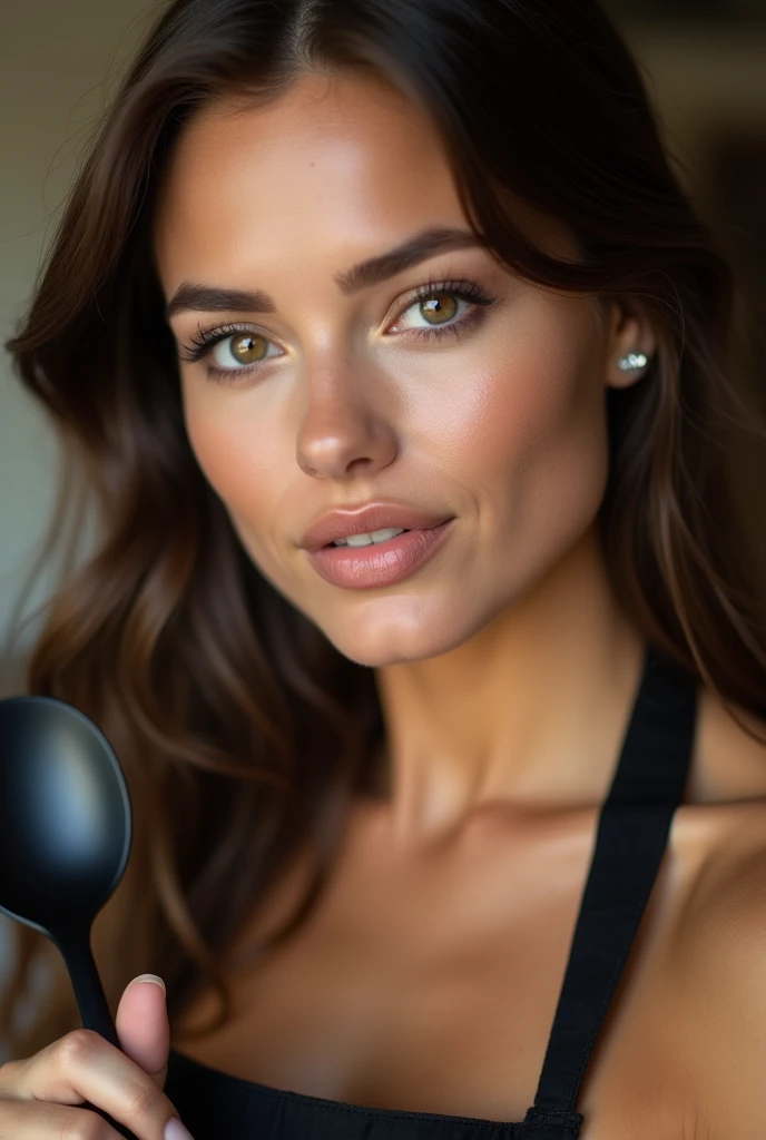 close-up portrait shot of a woman with symmetrical features, glowing flawless skin, defined cheekbones, enchanting hazel eyes enhanced by soft makeup, perfectly shaped eyebrows, and slightly glossy full lips, her slightly wavy brunette hair framing her fac...