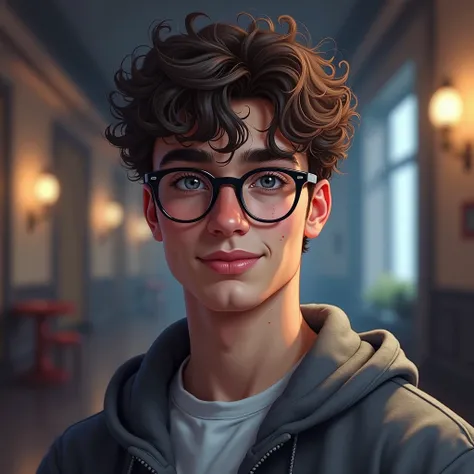 Realistic oil painting,  a young man of 21 years old , inviting,  gray eyes ,  black paste reading glasses ,  curly brown hair , Moles on the face, Slim and muscular, atletico, Look of intelligent ,  light smile on his lips ,  dressed in a long gray sweate...