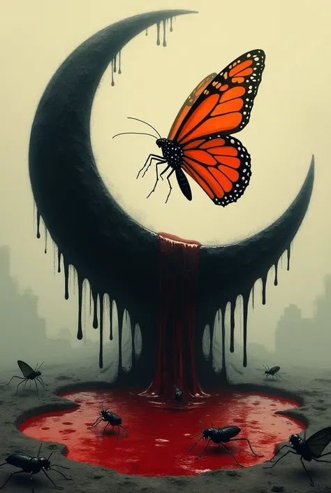 Create a drawing where there is a black crescent melting and a giant orange butterfly on top of a pool of blood along with other small insects that looks a little gloomy 