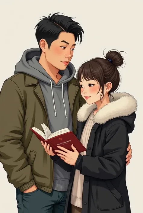  A slightly chubby 32-year-old Asian guy with cheeks in a gray sweatshirt and khaki jacket,  Gives a book  "tarmaqtar " A 20-year-old Asian girl in a black short sheepskin coat with hair , gathered in a bun. Create as drawing