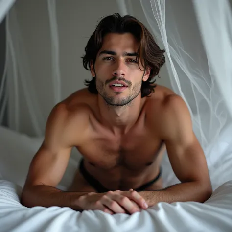 a shirtless man kneels on the bed, upper body leaning forward and he supports himself with his hands and arms, transparent background, very muscular, veil, sam nassour, young man with a beautiful face, mouth wide open, passing over you, plastic and fabric,...