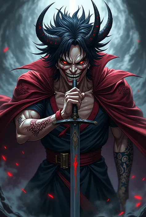 Create an image of Demon Slayer anime character Akaza smiling with a sword in his mouth