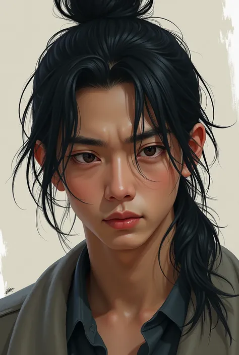 I want art of an asian boy with a set jaw. Hes in his twenties. And has long black hair tied and thrown on his shoulder. He has a strong face with a tired look in his eyes